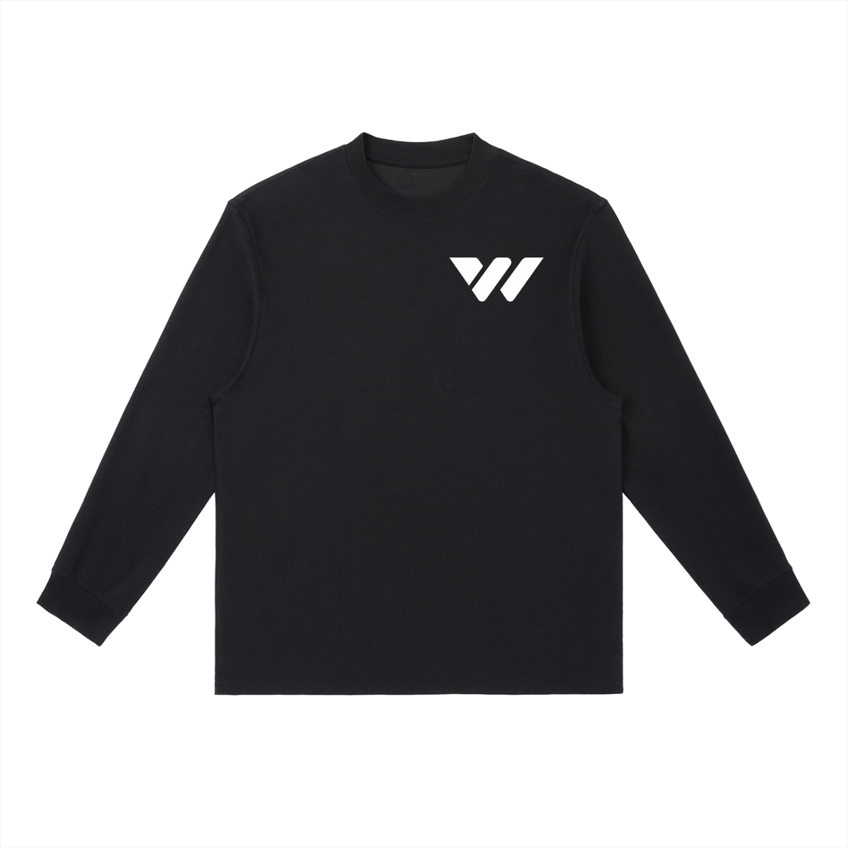 Black long-sleeve active lifestyle shirt with white logo, designed for comfort and durability.