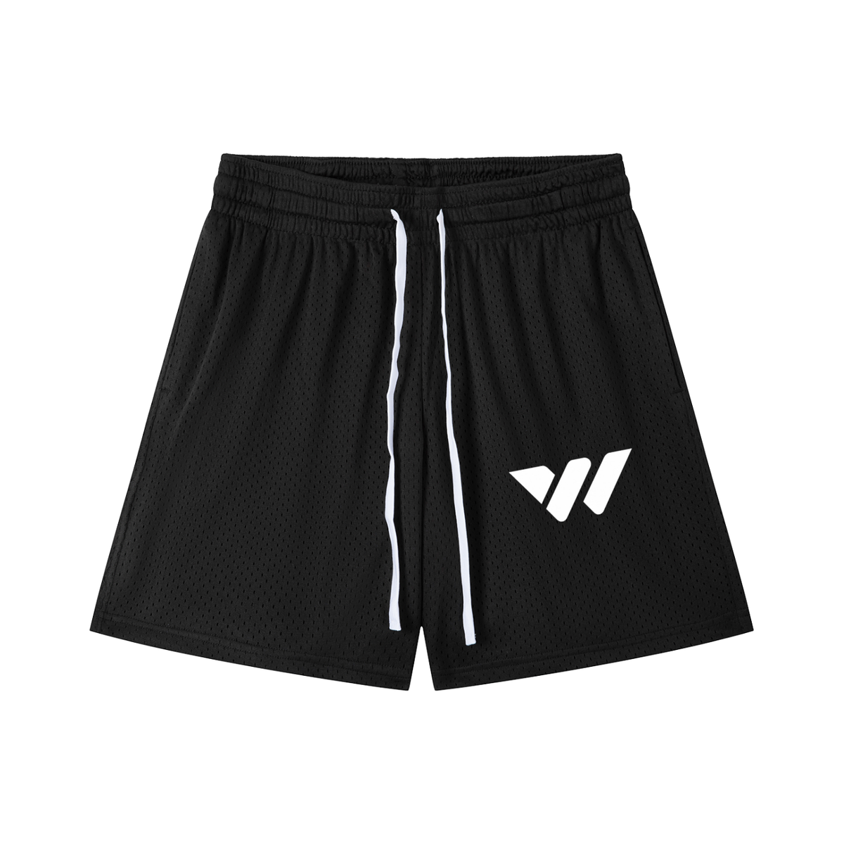 Black mesh athletic shorts with white drawstring and logo, ideal for active lifestyle