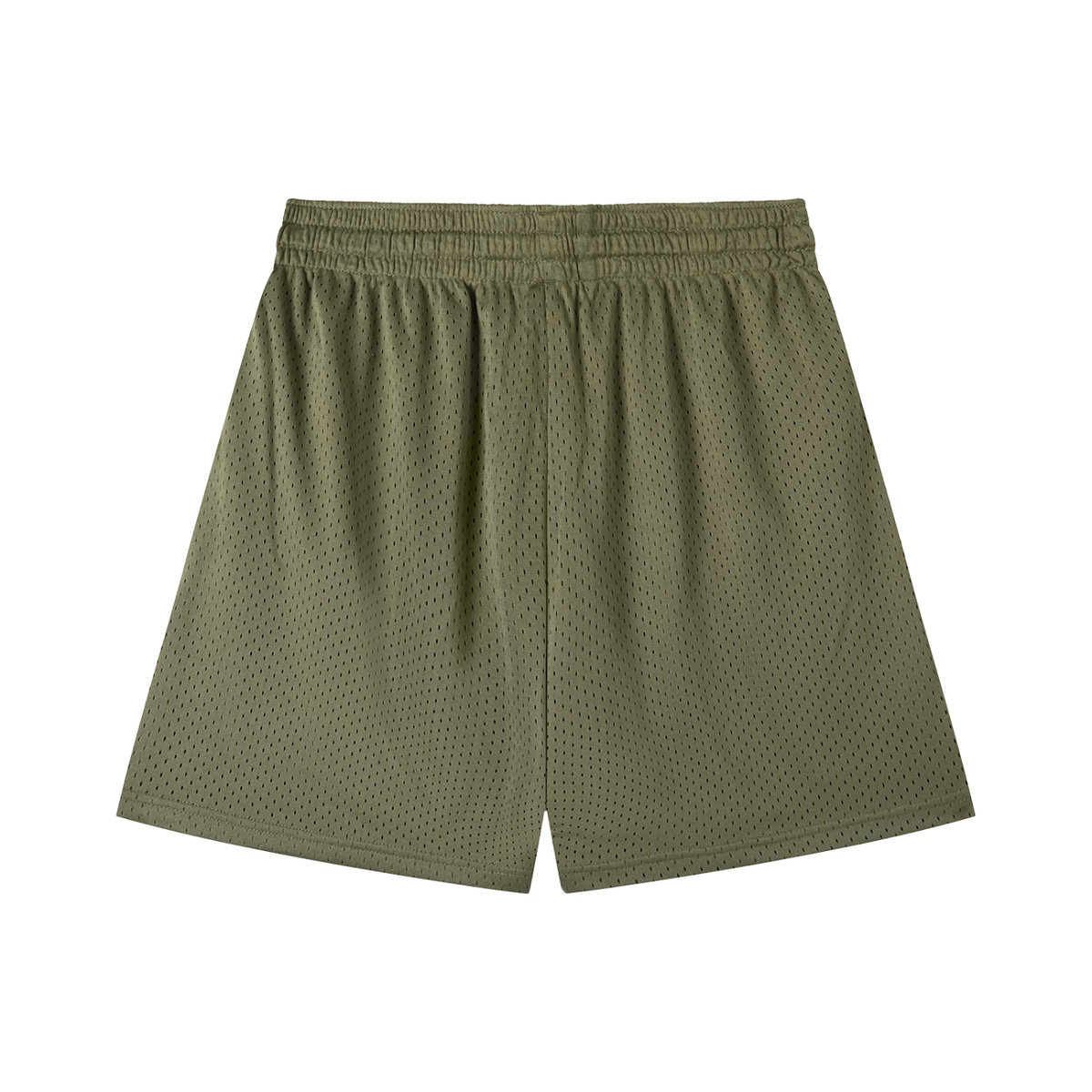 Olive green mesh athletic shorts with elastic waistband for active lifestyle