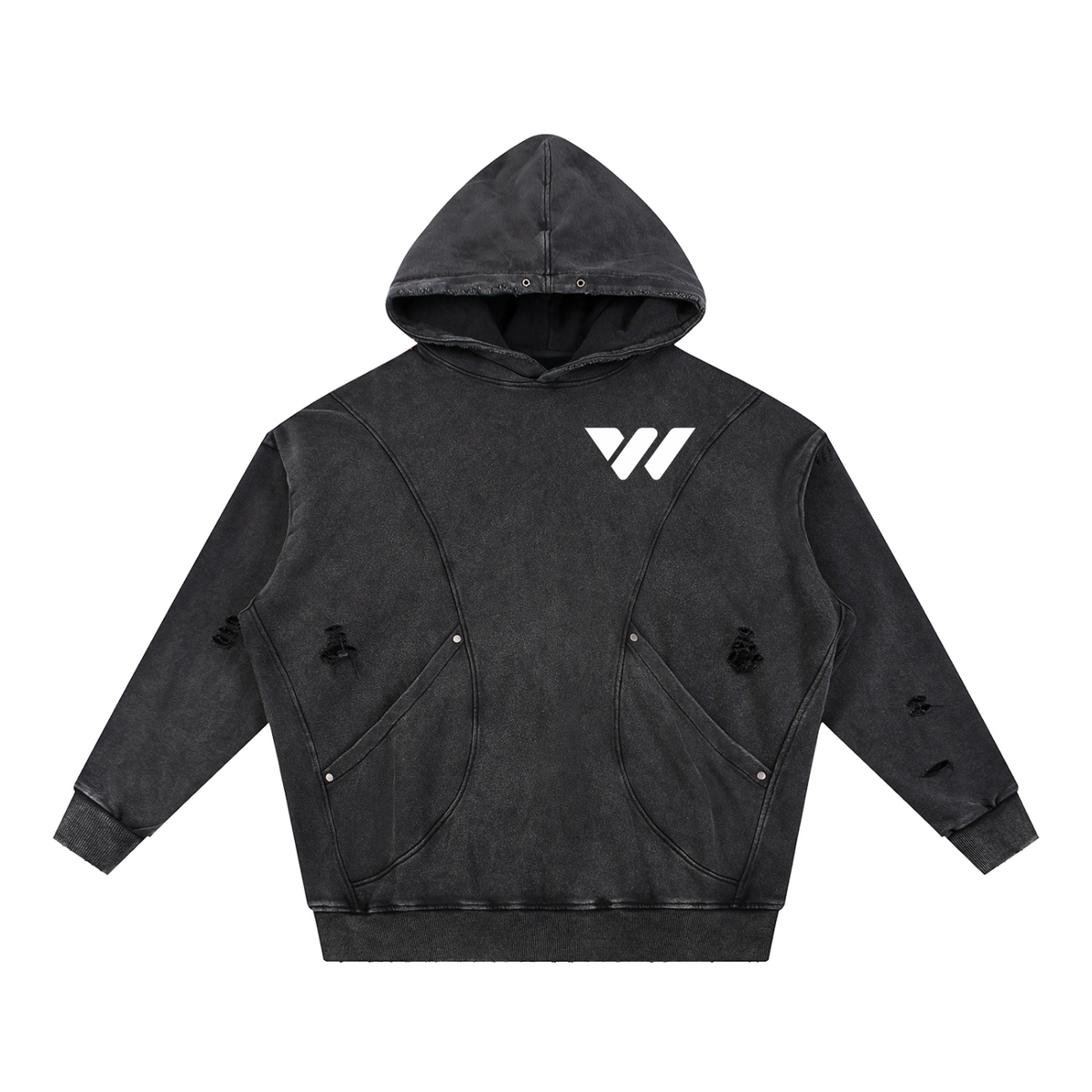 Snow Washed Distressed Panel Pocket Hoodie