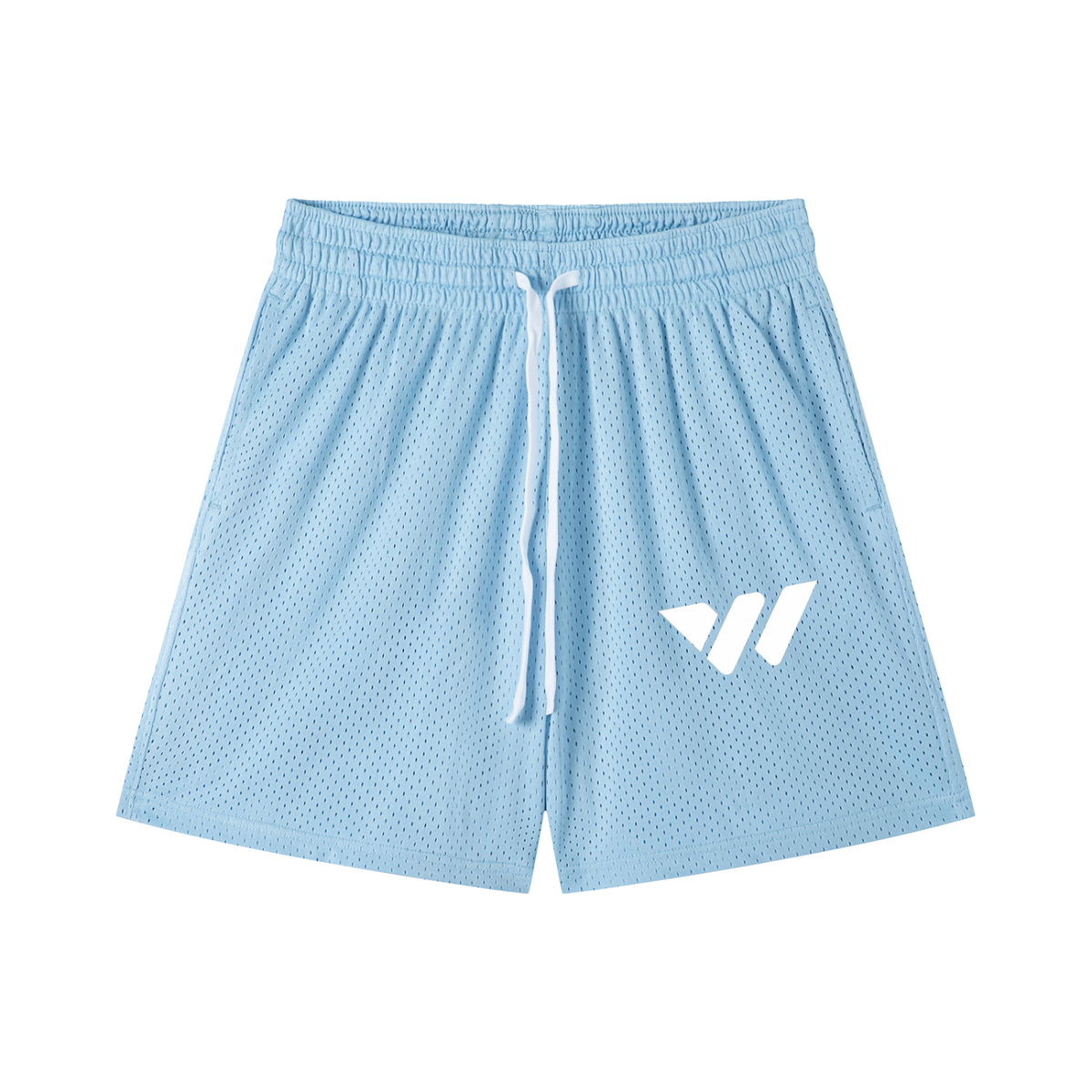 Light blue mesh athletic shorts with white drawstring and logo, ideal for active lifestyle