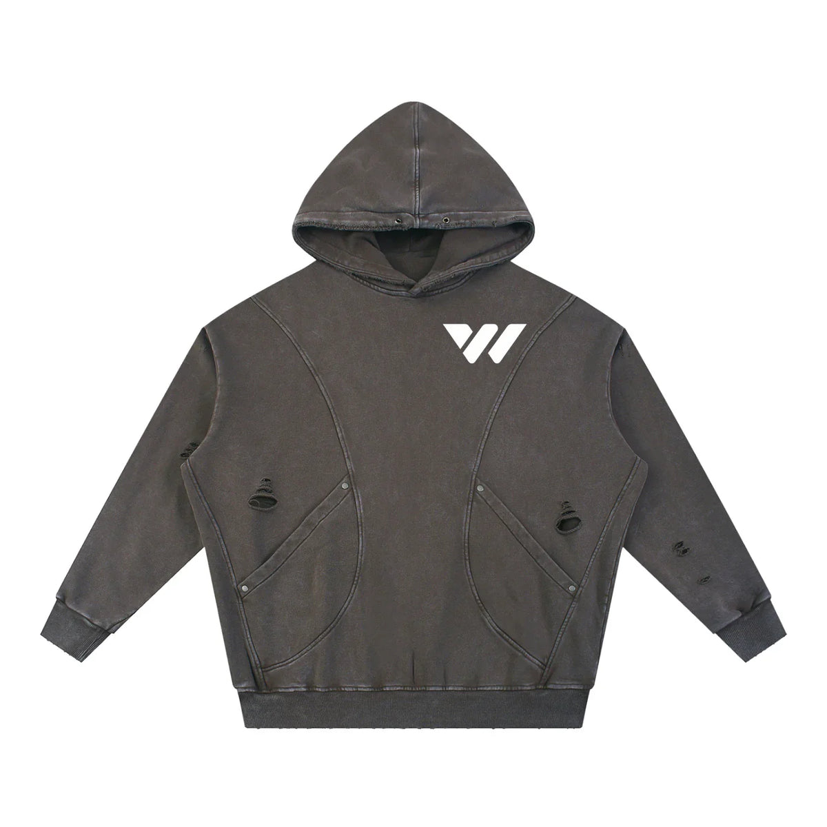 Snow Washed Distressed Panel Pocket Hoodie
