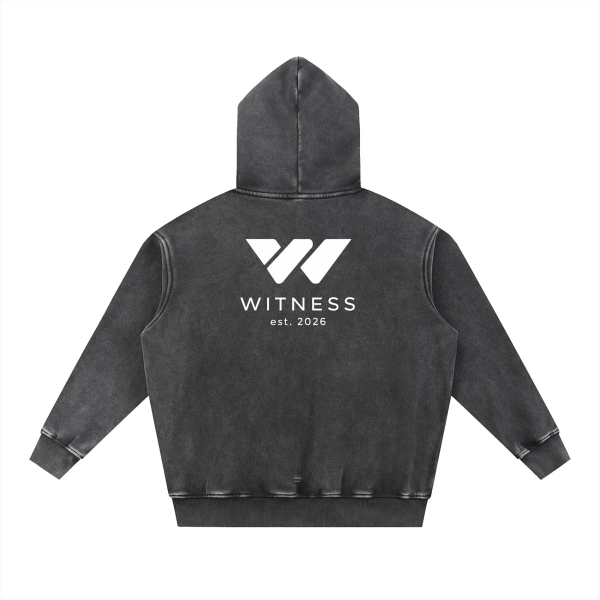 Dark grey hoodie with white WITNESS logo and 'est. 2026' on back, unisex active wear