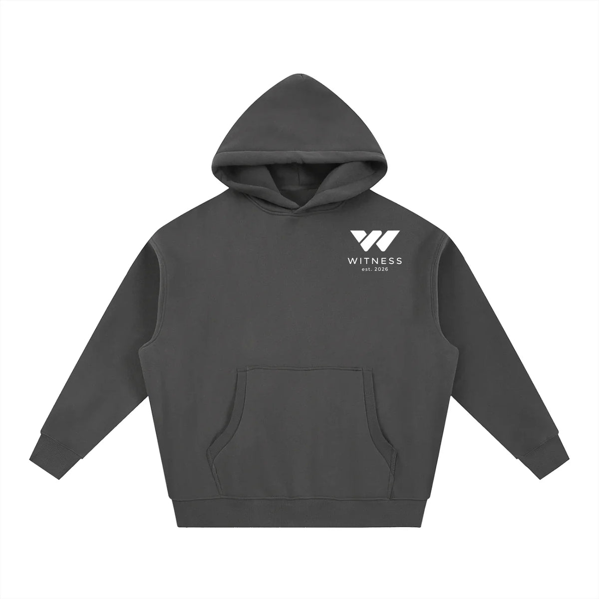 Dark gray hoodie with white Witness logo, front pocket, and hood for active lifestyle wear