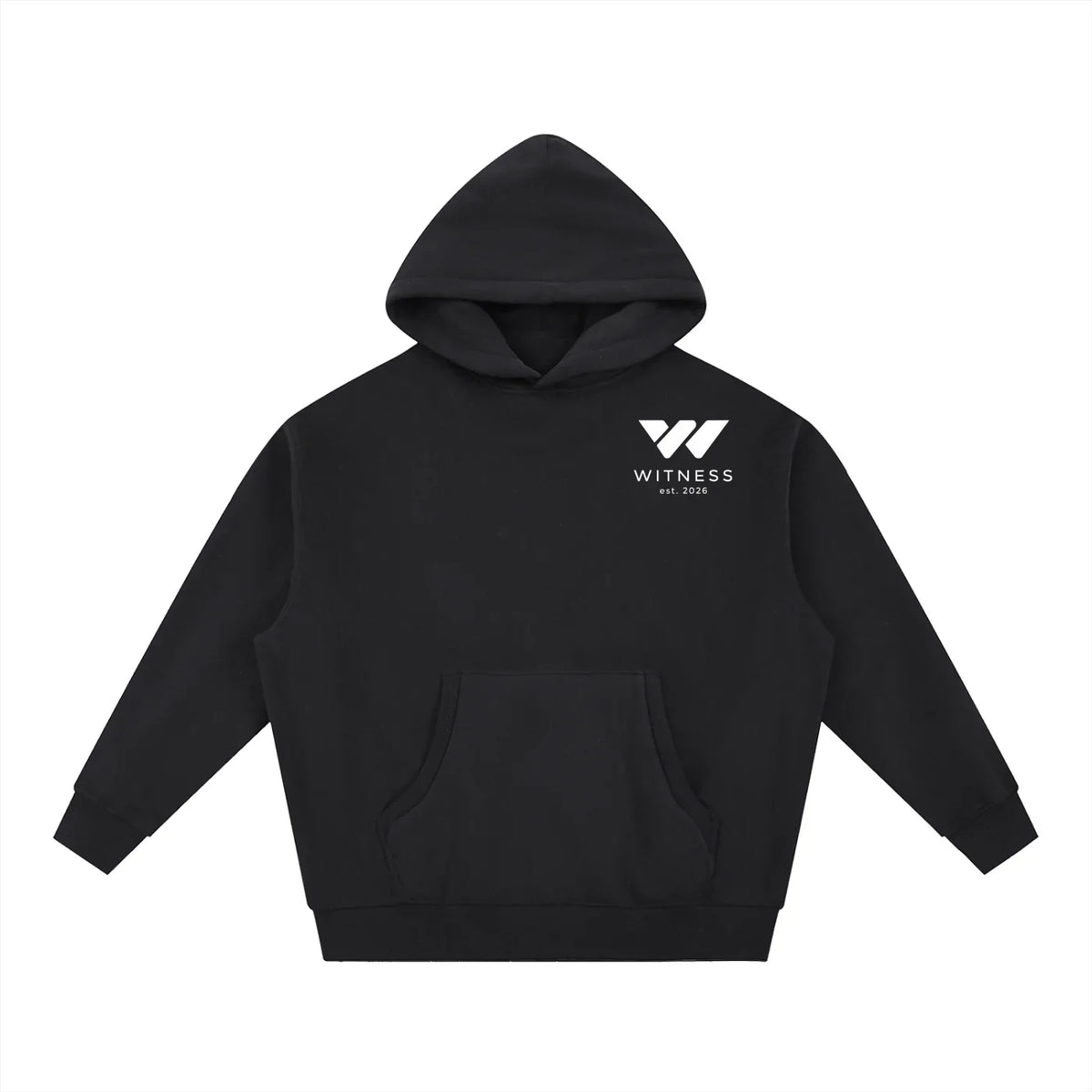 Black hoodie with white Witness logo, front pocket, and hood for active lifestyle wear