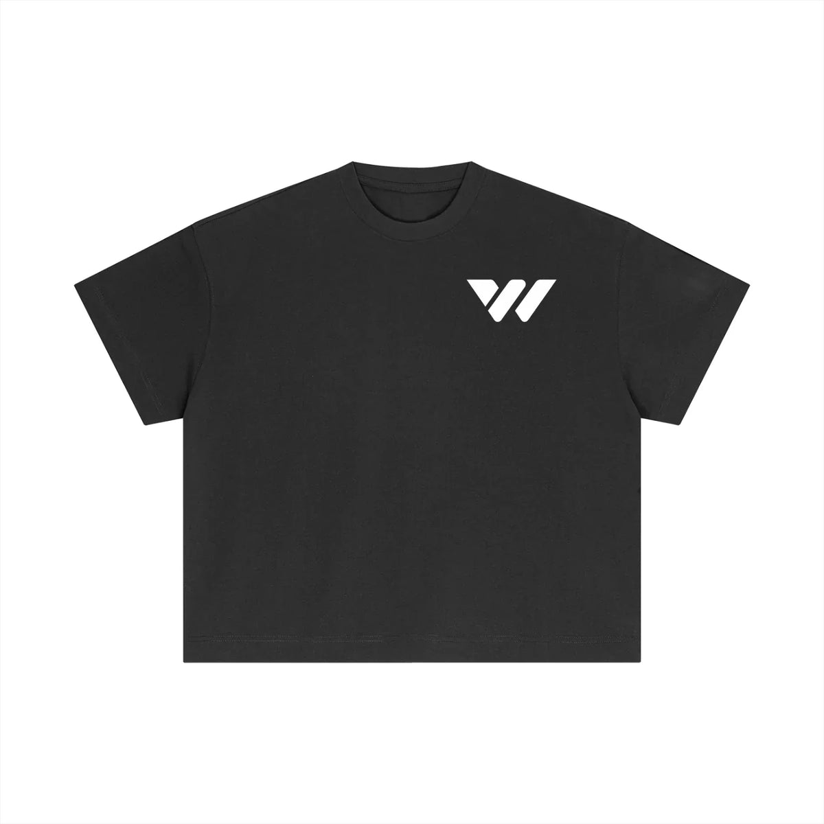 Black cropped t-shirt with white logo, designed for active lifestyle, available in sizes XXS to 3XL