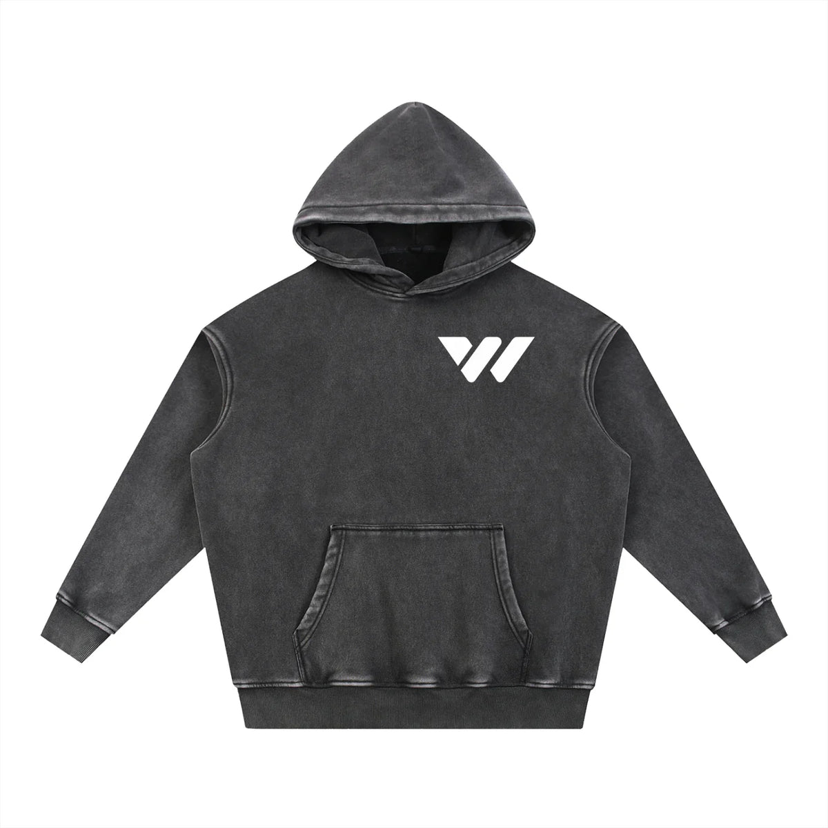 Dark grey hoodie with white logo, front pocket, and hood, for active lifestyle wear