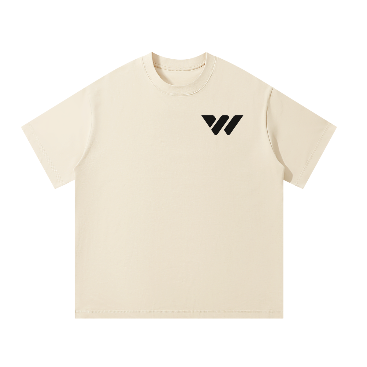 Beige active-lifestyle t-shirt with black logo, designed for comfort and durability