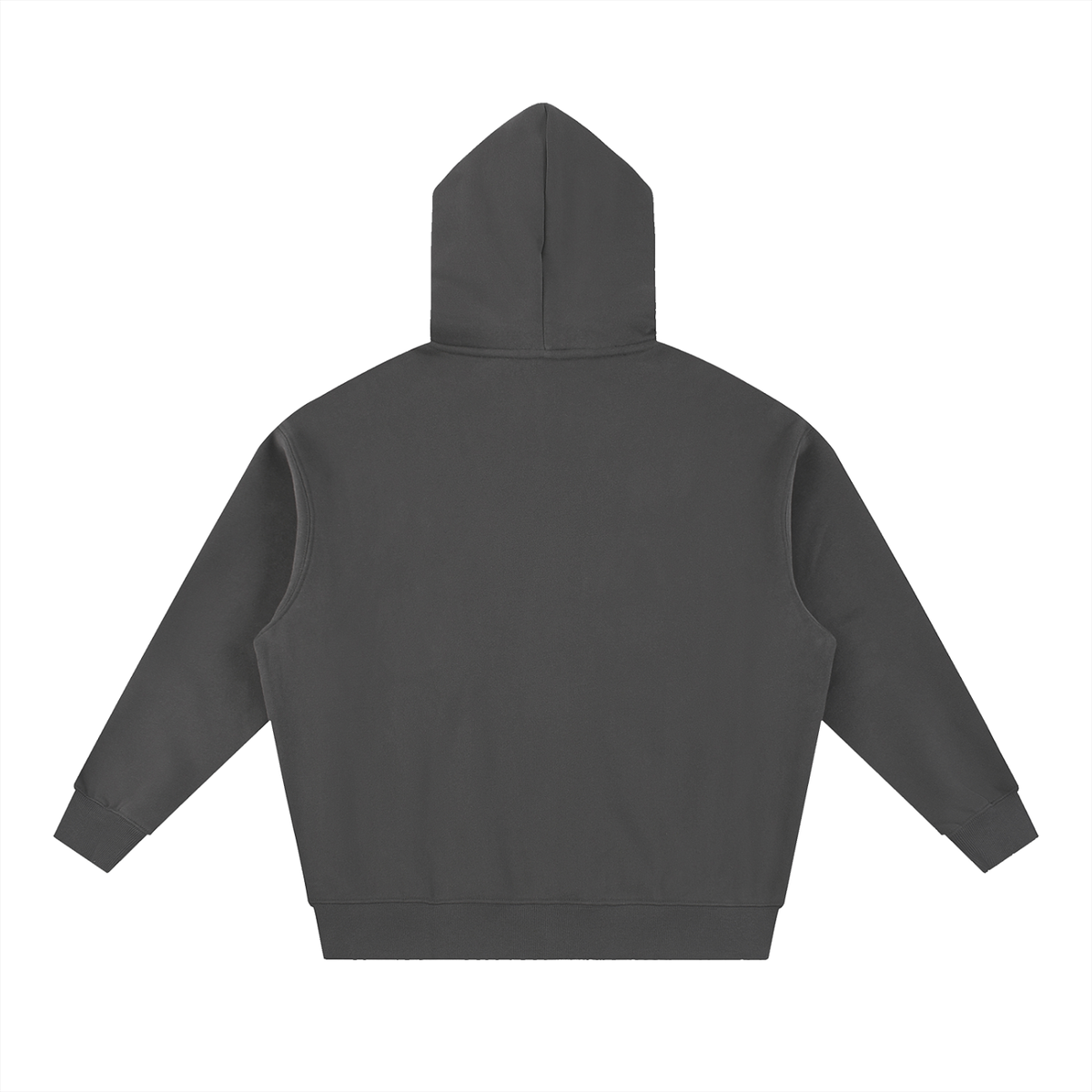 Dark gray hooded sweatshirt with ribbed cuffs and hem, back view