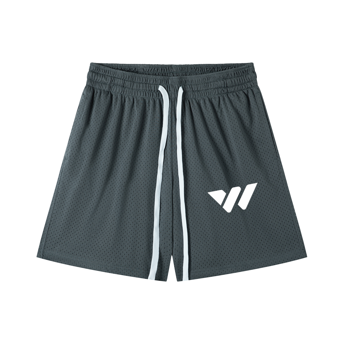 Grey mesh athletic shorts with white drawstring and logo, ideal for active lifestyle