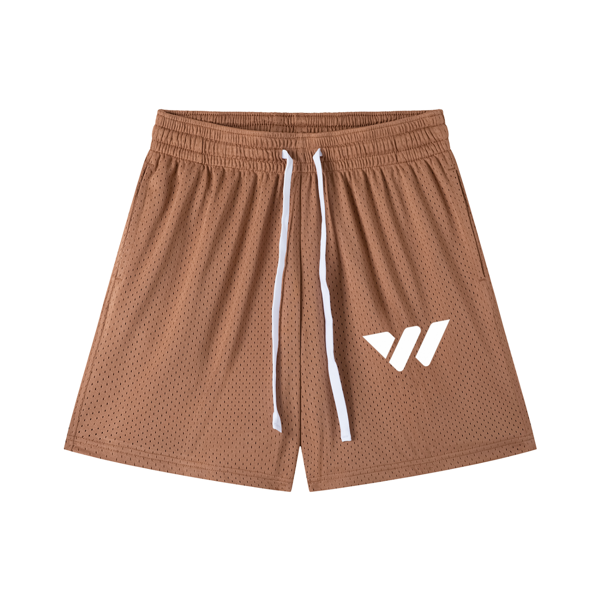 Brown mesh athletic shorts with white drawstring and logo, ideal for active lifestyle