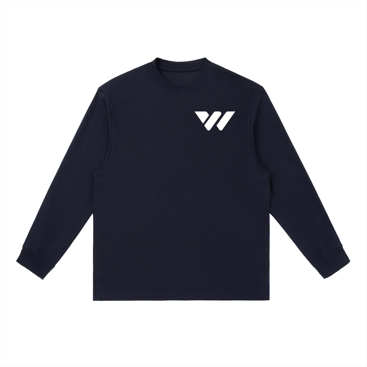 Navy long sleeve crew neck tee with white logo, active lifestyle apparel for men and women