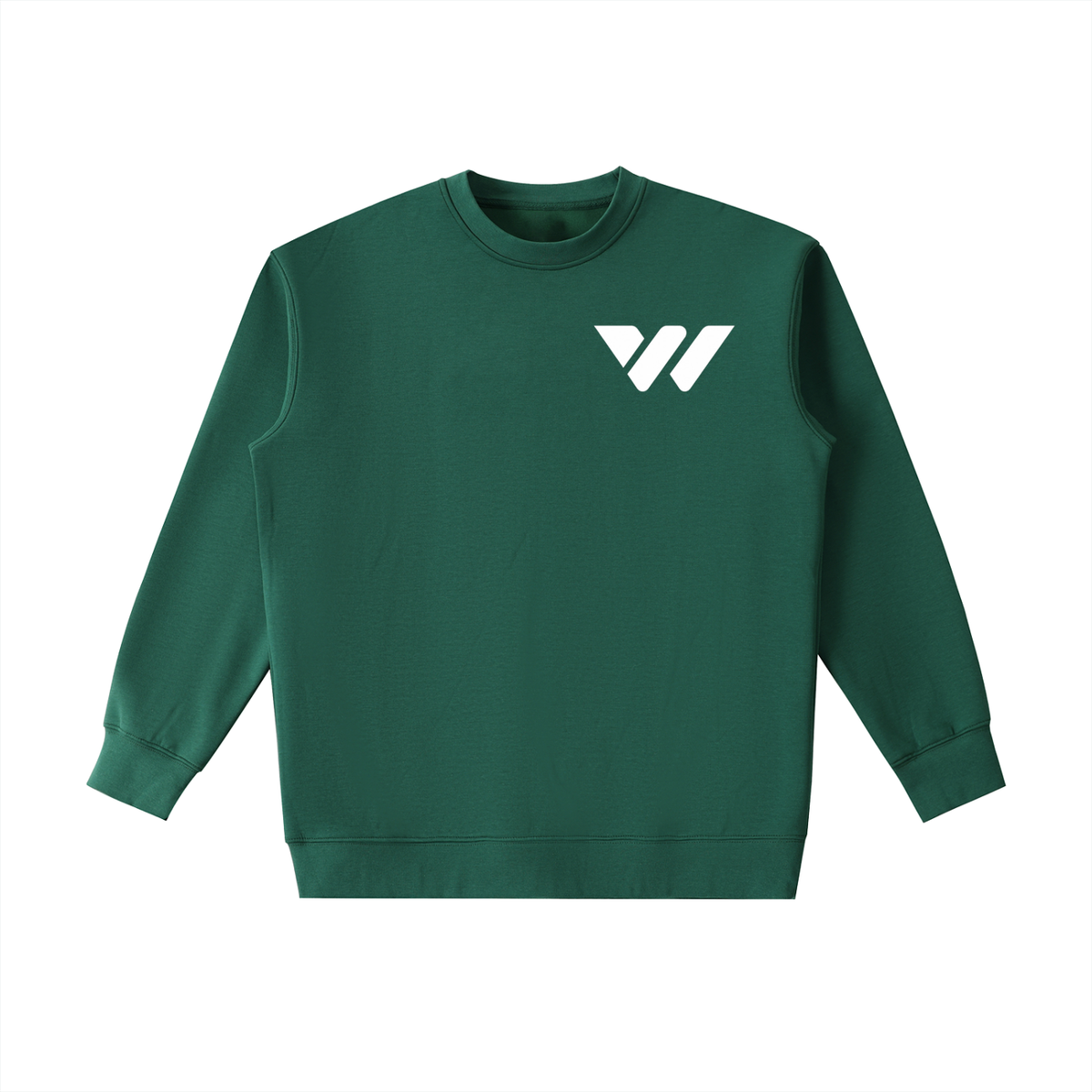 Forest green crewneck sweatshirt with white logo, active lifestyle apparel for men and women