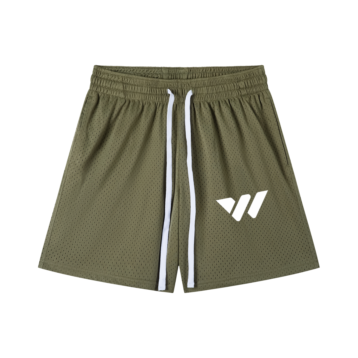 Olive green mesh athletic shorts with white drawstring and logo, ideal for active lifestyles