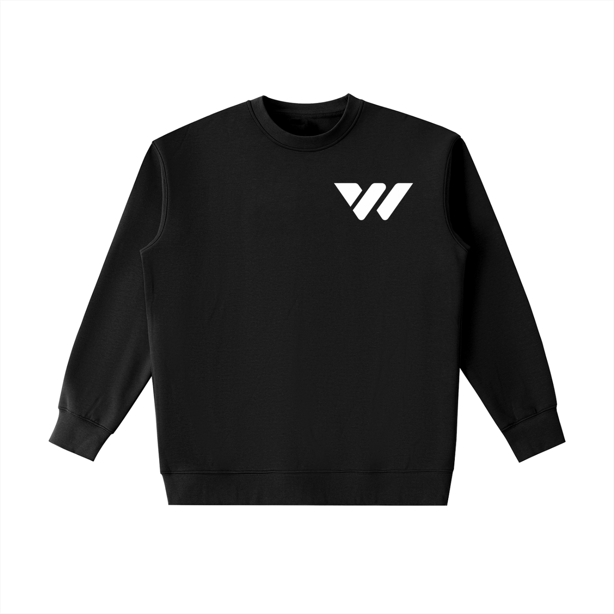 Black crewneck sweatshirt with white logo, active lifestyle apparel for men and women, size XXS to 3XL