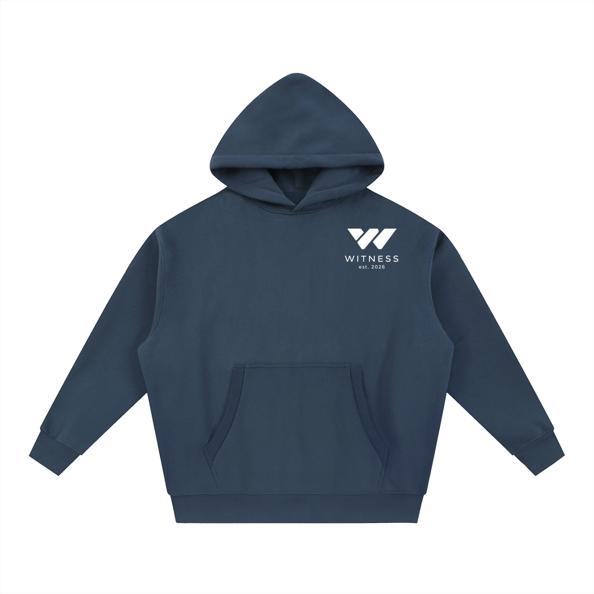 Navy blue hoodie with white Witness logo, front pocket, and hood for active lifestyle wear