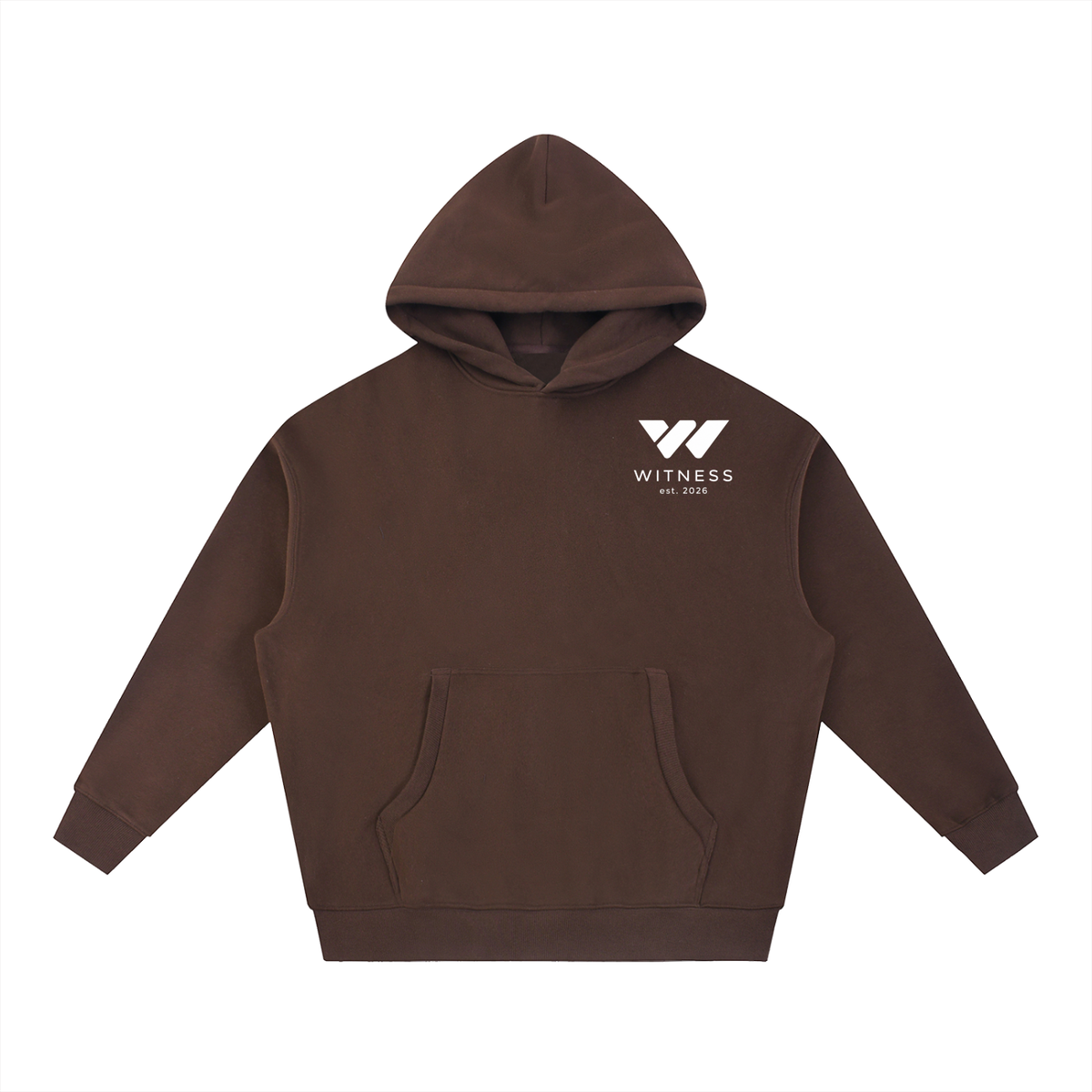 Brown hoodie with white Witness logo, front pocket, and hood for active lifestyle wear