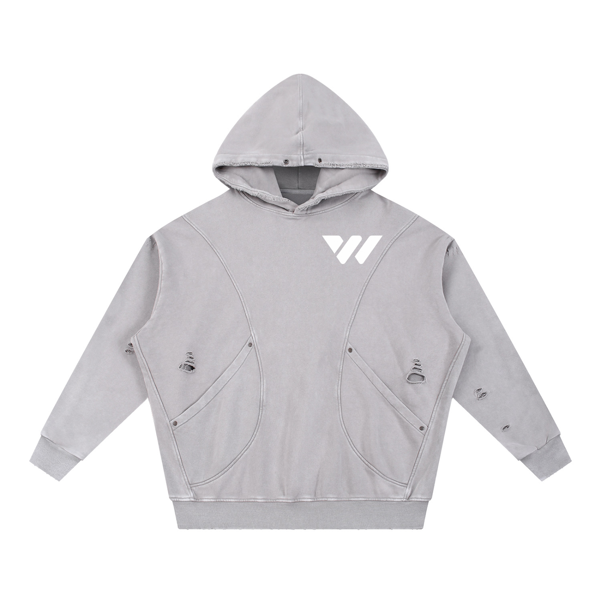 Snow Washed Distressed Panel Pocket Hoodie