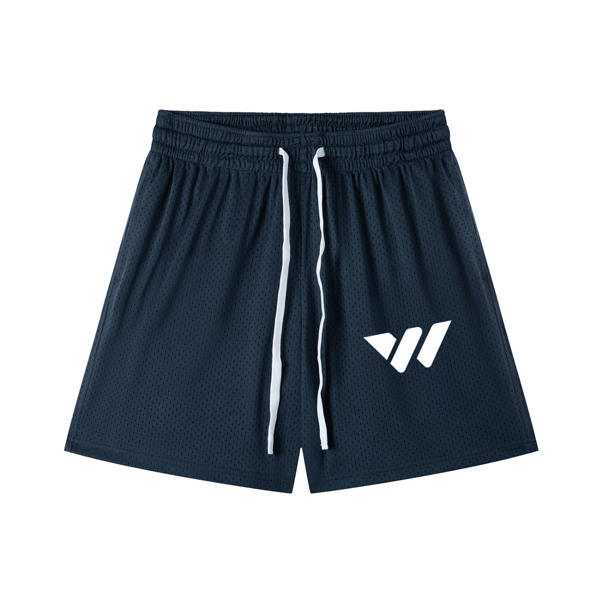 Navy blue mesh athletic shorts with white drawstring and logo, ideal for active lifestyles.