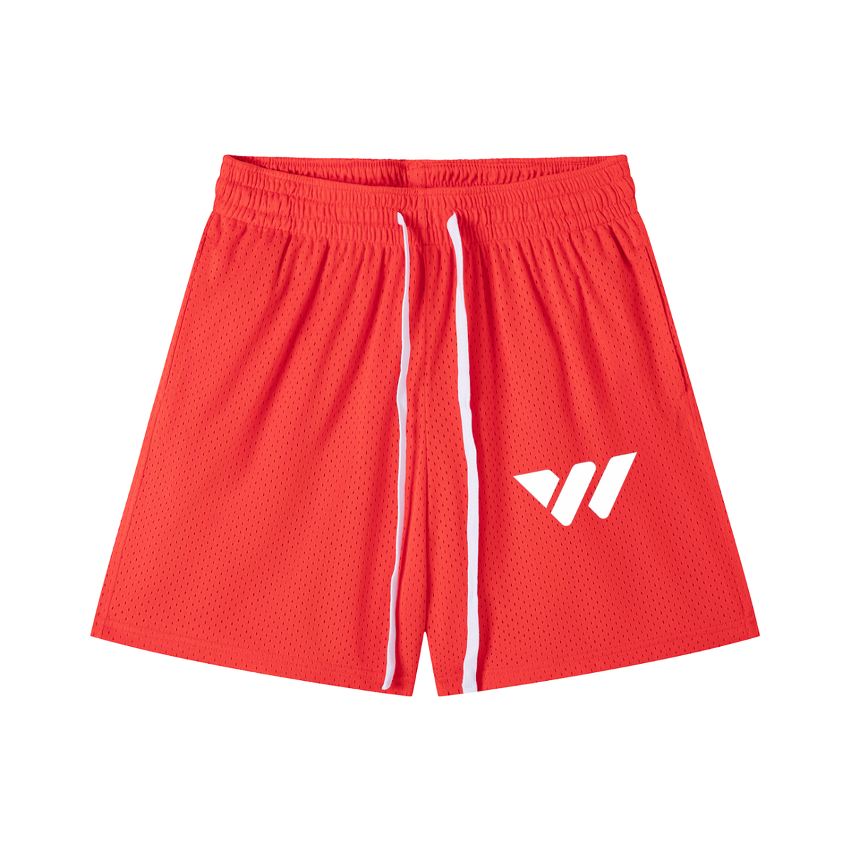 Red mesh athletic shorts with white drawstring and logo, ideal for active lifestyle