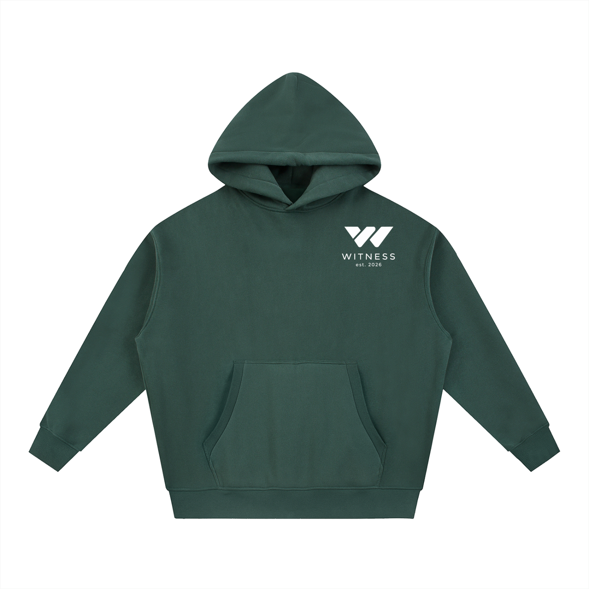 Dark green hoodie with white Witness logo, front pocket, and ribbed cuffs for active lifestyle wear