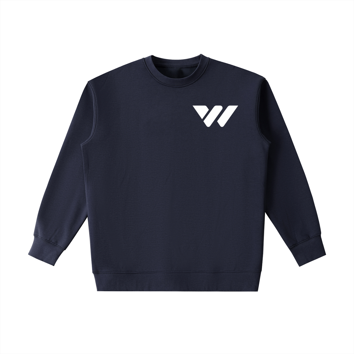 Navy blue crewneck sweatshirt with white logo, ideal for active lifestyle wear
