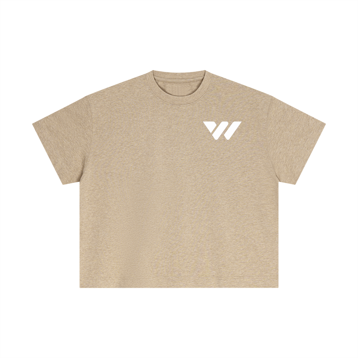 Beige cropped t-shirt with white logo, ideal for active lifestyle