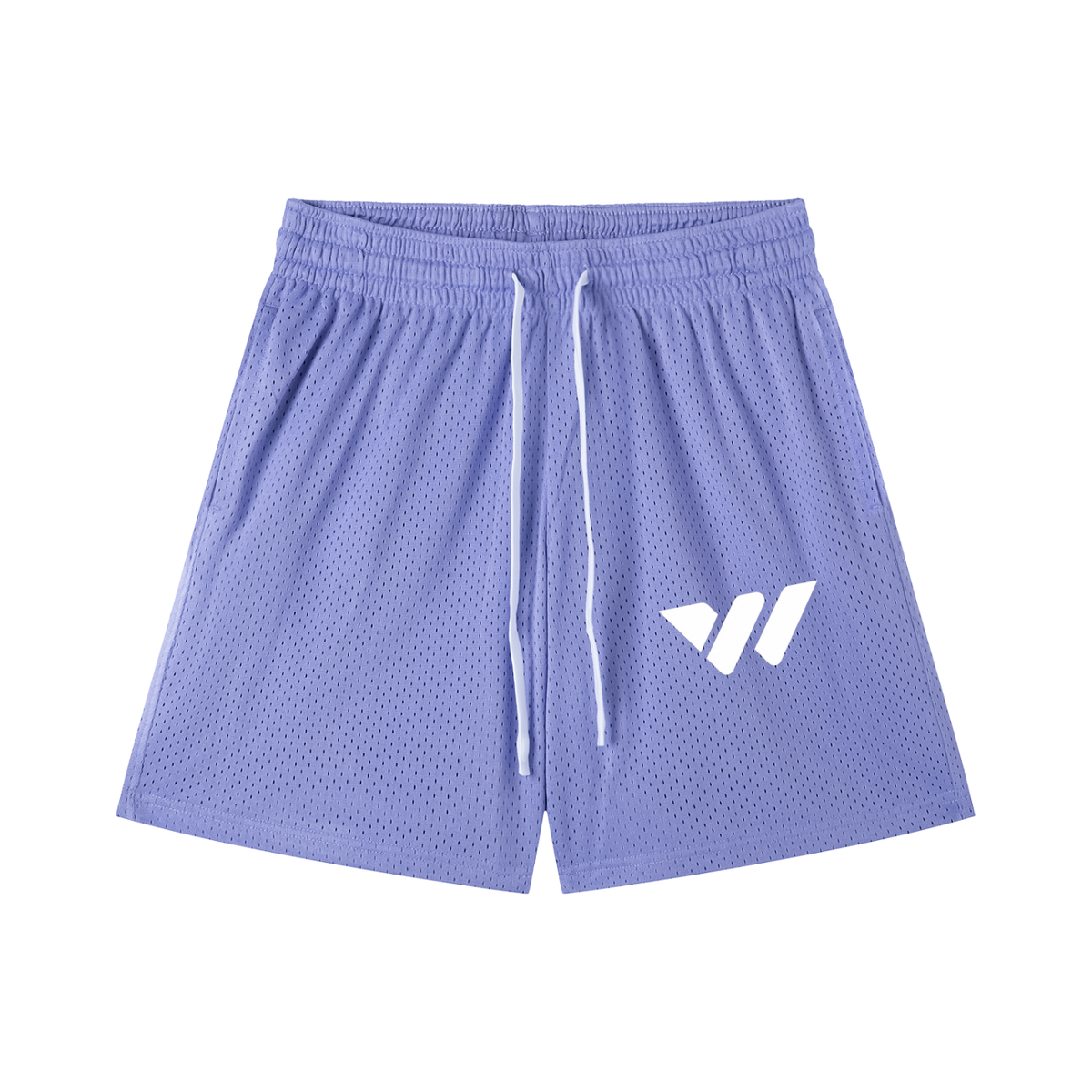Purple mesh athletic shorts with white drawstring and logo, ideal for active lifestyles.