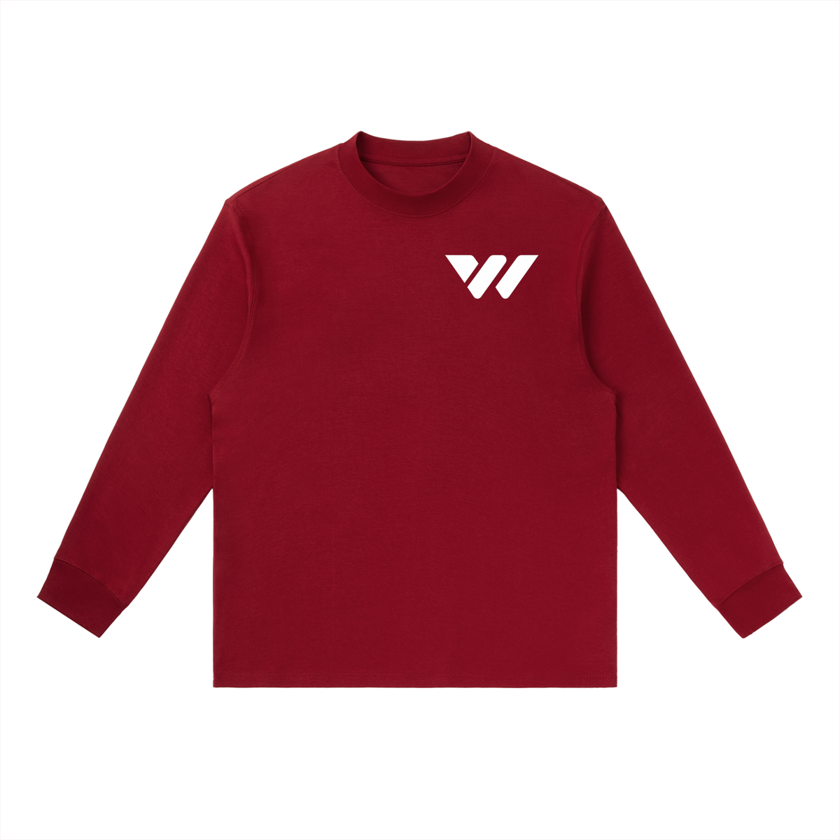 Red long-sleeve active lifestyle shirt with white logo, designed for comfort and durability.