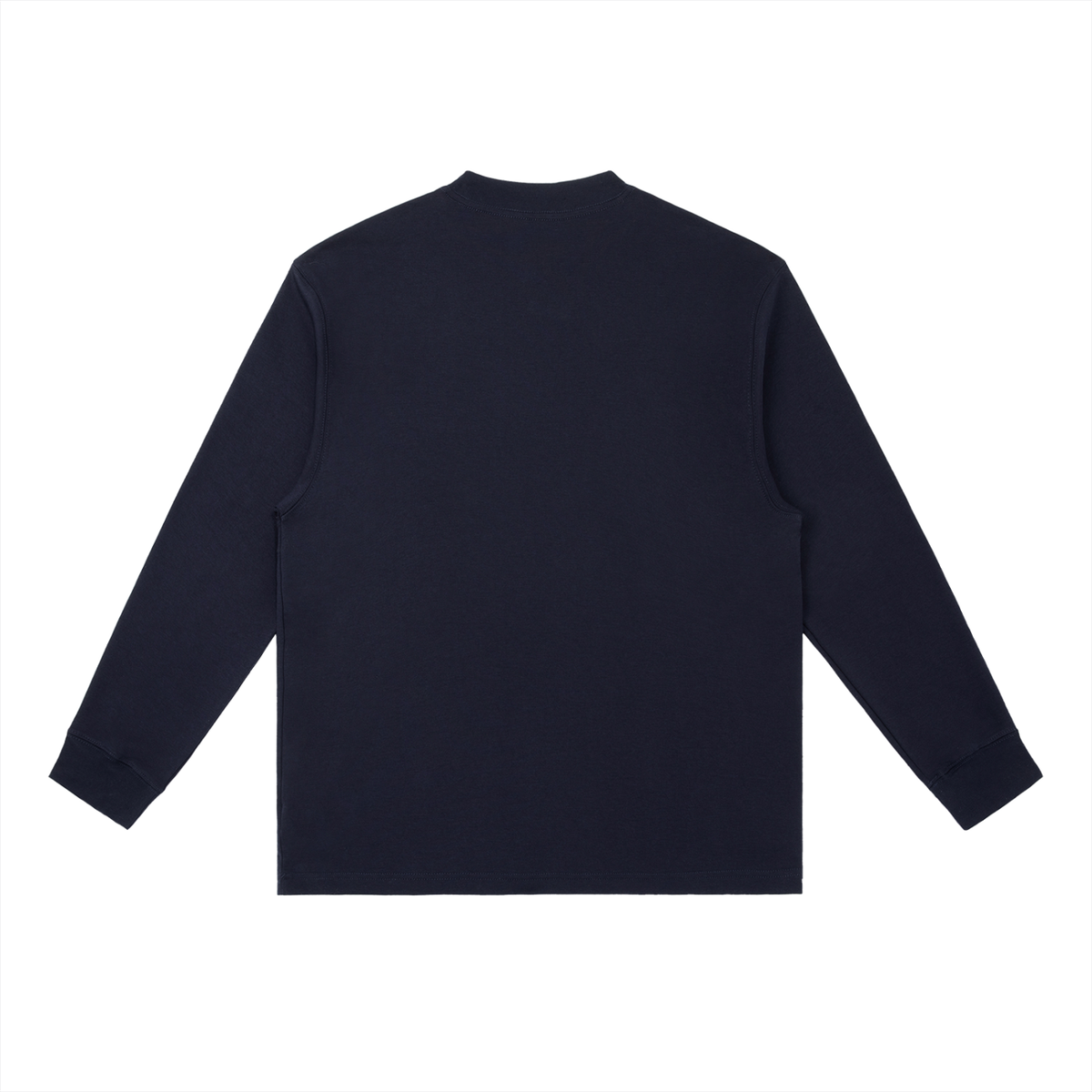 Navy blue long sleeve crew neck top for active lifestyle, back view, clean design